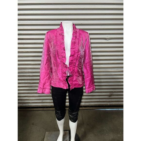 Rafael shiny bright pink ruffle cardigan evening date career with tie front - Picture 2 of 8